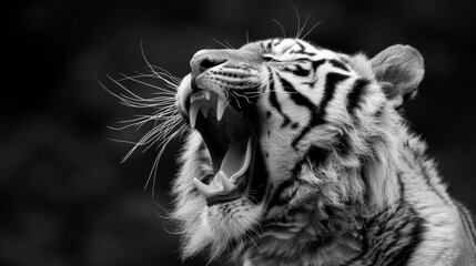   A black-and-white image of a tiger with its mouth agape - obrazy, fototapety, plakaty