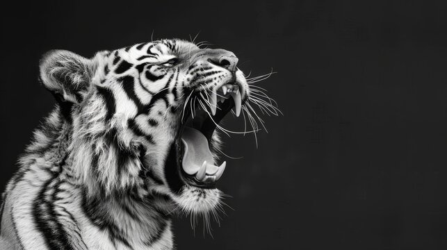   A black-and-white image of a tiger with its mouth agape