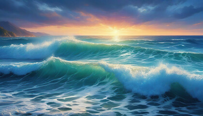 Beautiful seascape with waves and sun. Digital painting. - obrazy, fototapety, plakaty