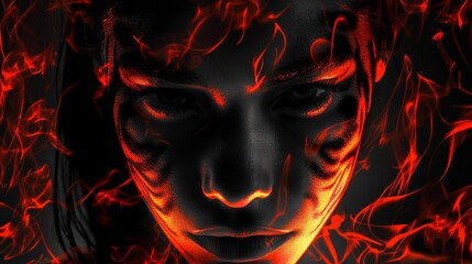 a person with a fierce and intense gaze, the face artistically overlaid with glowing red patterns that resemble flames, exuding a powerful and fiery presence.