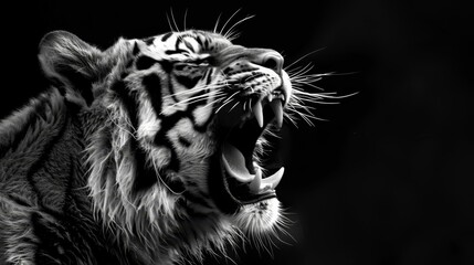   A black-and-white image of a tiger with its mouth agape - obrazy, fototapety, plakaty
