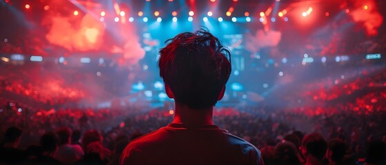 Intense gaming competition in electric arena with cheering fans under spotlight. Concept eSports Tournament, Gaming Arena, Competitive Gameplay, Fans Cheering, Spotlight Performance - obrazy, fototapety, plakaty