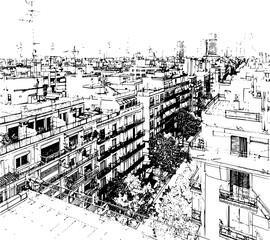 Blueprint of Barcelona City Neighborhood, Tall Buildings Sketch