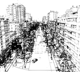 Blueprint of Barcelona City Neighborhood, Tall Buildings Sketch