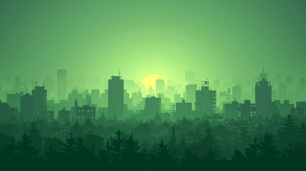  A cityscape, green with trees in the foreground, houses et al,