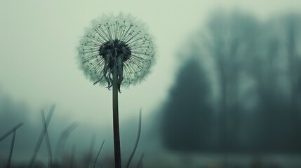   A dandelion in the heart of a field Trees line the backdrop Foggy sky overhead