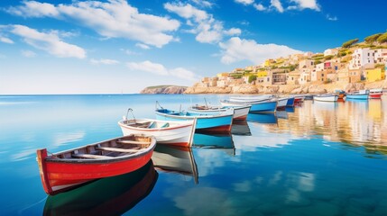 Fototapeta na wymiar serene seaside town features colorful boats floating peacefully on calm waters, creating a picturesque scene that embodies coastal charm and tranquility. 