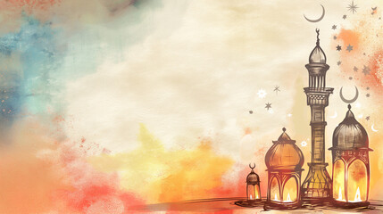 Oriental Banner Illustration for Ramadan: Lanterns with Traditional Motifs