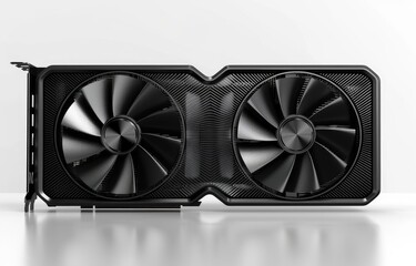 A computer graphics card with two fans on it is placed on a white surface