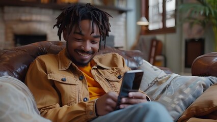 A young man happily using a smartphone on a sofa at home. Concept Indoor Lifestyle, Technology Use, Happy and Relaxed, Young Adult, Home Setting