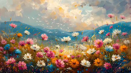 Dandelion Dance: Oil Painting of Seeds in Flight Amid Tulips and Daisies