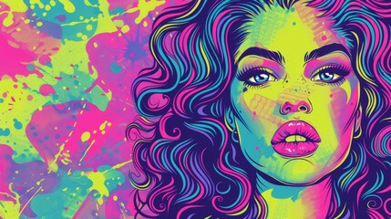   A woman's face, closely framed, is set against a backdrop of colorful paint splatters on the wall