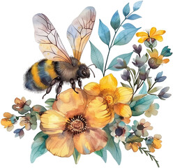 Sunflowers and Wildflowers with Bees Watercolor Illustration