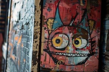 A wheatpaste poster of a whimsical creature hiding in an alleyway generated by AI