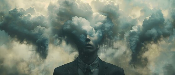 Abstract vintage collage portrait of faceless man with a white cloud. Concept Abstract Art, Vintage Style, Collage Portrait, Faceless Man, White Cloud - obrazy, fototapety, plakaty