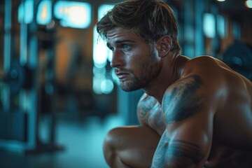 Muscular man resting in a gym environment - obrazy, fototapety, plakaty