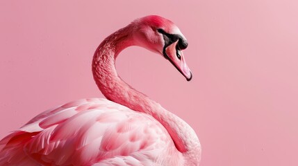 Fototapeta premium A pink flamingo stands before a pink backdrop, sporting a black spot on its head