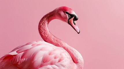   A pink flamingo stands before a pink backdrop, sporting a black spot on its head