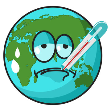 Climate change cartoon illustration, a sweating Earth with a thermometer in its mouth, captures the impact of rising temperatures on our planet in a lighthearted manner
