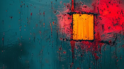   A tight shot of a rain-splattered window, displaying red, yellow, and blue water droplets on its surface - obrazy, fototapety, plakaty