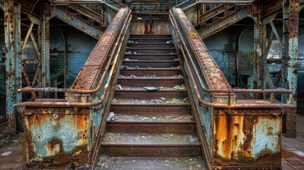   Rustic metal staircase ascends to abandoned building's peak
