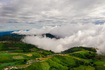 Fototapeta na wymiar Aerial landscape with clouds in the morning at Phu Thap Boek mountain , Phetchabun province, Thailand. Select focus.