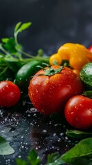   A mound of fresh vegetables atop a dark surface, adorned with water beads dripping from their tops