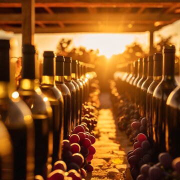 adega com varias garrafas de vinho em estoque ao anoitecer, vinho, vinicula, ceia, uva, produ&ccedil;&atilde;o de vinhos