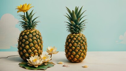 Pineapple on wooden table - tropical fruit isolated, fresh and ripe, juicy and sweet, yellow and...