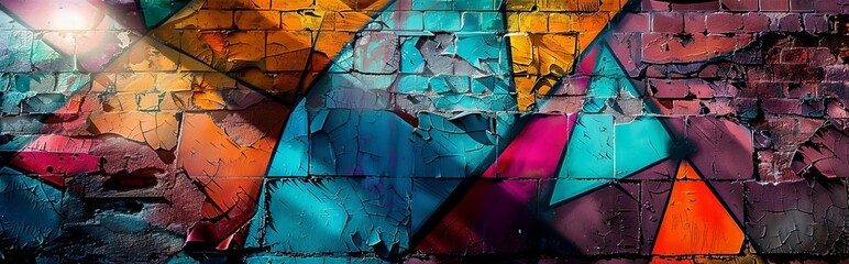 Surreal Intersection: Abstract Shapes Merging with a Weathered Brick Wall Bathed in Sunlight