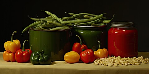 Still life with vegetables and canned food on a dark background. Still life