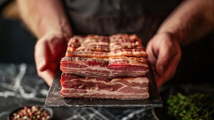 Person holding tray of bacon, a key ingredient for many dishes