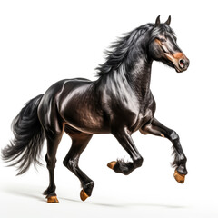 Black horse running, isolated on a white background