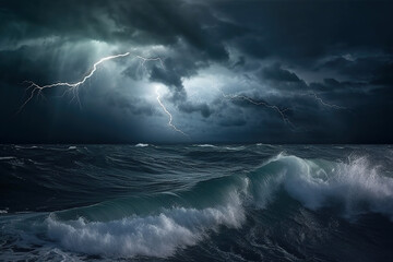 Lightning during a storm in the ocean