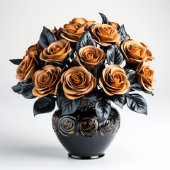 orange brown roses in a vase, white background