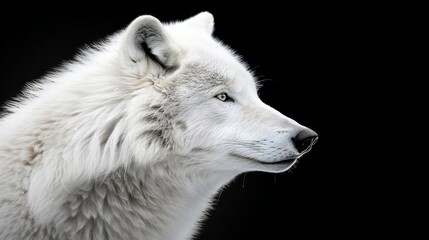   Close-up of a white wolf's head against a black backdrop