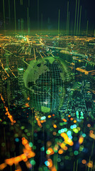A 3D rendering of a glowing green globe with a detailed earth texture suspended over a night cityscape with glowing green lights representing data flowing into the globe.