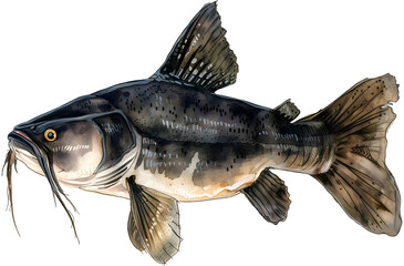 Freshwater Fish isolate On Transparent Background, Marine Fish  Hight Quality illustration in Watercolor Style, River Decor, Fishing