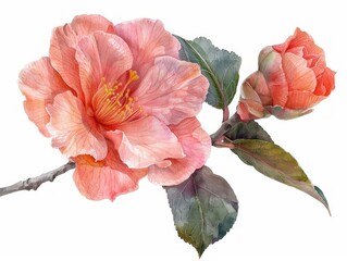 Camellia colorful flower watercolor isolated on white background