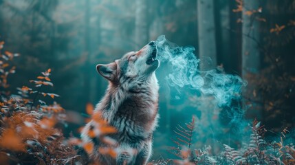   A wolf emitting a blue smoke from its maw in a forest setting