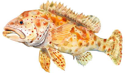 Sea Fish isolate On Transparent Background, Marine Fish  Hight Quality illustration in Watercolor Style, Ocean Decor
