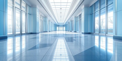 Modern corporate hallway with blue-tinted glass and a gleaming polished floor