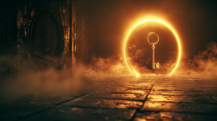 A glowing circle with a key at the end of a foggy and dark, smoke-filled street. Concept of an idea, of finding a solution to a problem. Copy space.