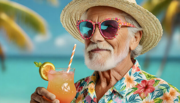 senior, Rentner, mann, cocktail, neu, beach, tropisch, sonnenbrille, herz, pension, pensioniert, Rente, sonne, urlaub, palmen, gelb, türkis, hut, bart, lächelnd, herzen, modern, reklame, werbung,