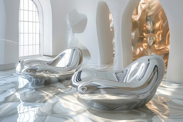 Futuristic and abstract lounge chairs in a bright interior, perfect for modern design concepts.