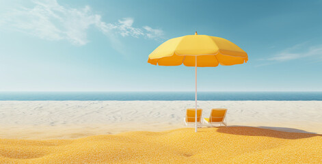 Fototapeta na wymiar yellow umbrella beach, tan sand сreated with Generative Ai