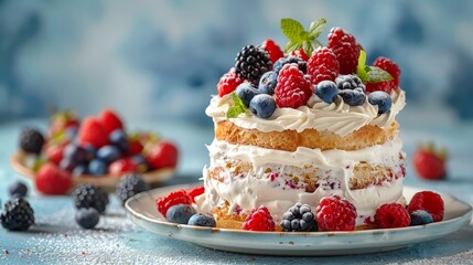 Creamy berry pavlova dessert garnished with fresh fruit - obrazy, fototapety, plakaty