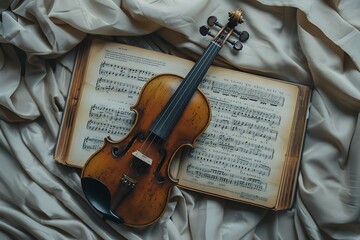 Classical music. Violin lying on top of book about Beethoven and sheets of music .