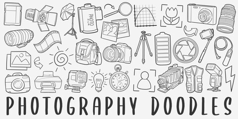 Photography Doodle Icons Black and White Line Art. Camera Clipart Hand Drawn Symbol Design.
