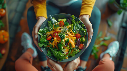 Top view Asian man and woman healthy eating salad after exercise at fitness gym, Two athlete eating salad for health together, Selective focus on salad bowl on hand, hyperrealistic food photography